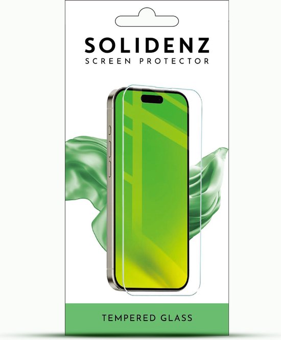 Solidenz gehard glas schermprotector verpakking met een telefoon.