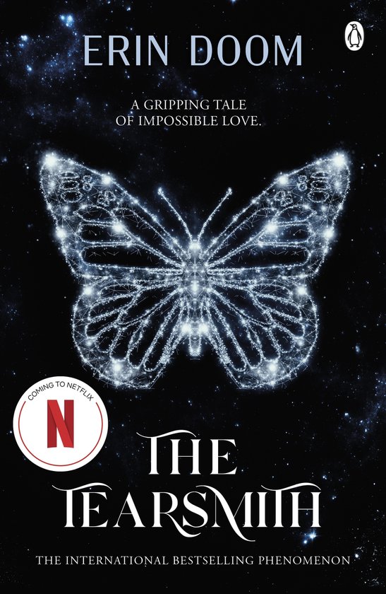 De omslag van 'The Tearsmith' met een glinsterende, lichtgevende vlinder op een donkere, sterrenhemel. Er staat 'Coming to Netflix' op.