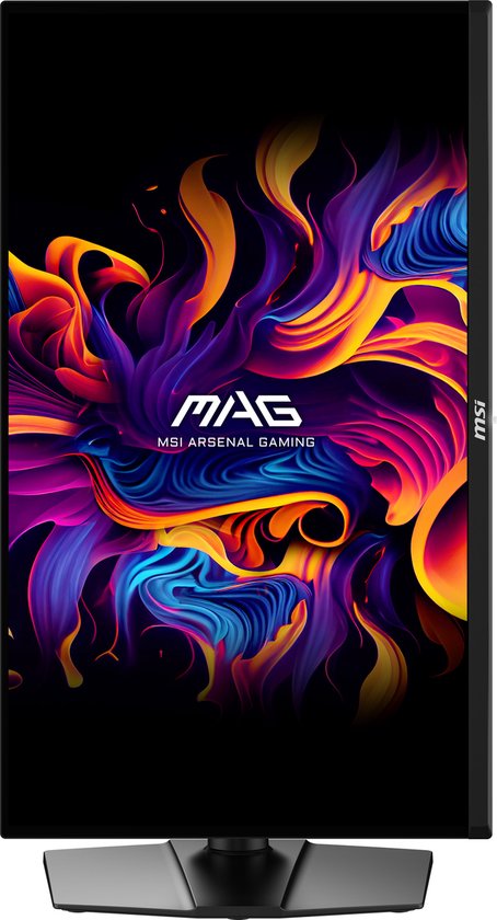 MSI monitor in portretmodus met kleurrijk MAG "MSI Arsenal Gaming" logo.