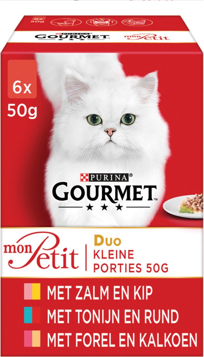 Gourmet Mon Petit Intense Duo Kattenvoer, Natvoer met Zalm en Kip, Tonijn en Rund of Forel en Kalkoen in Saus - 6x50g - doos van 4 (24 portiezakjes; 1,2kg)