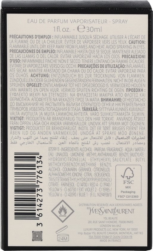 Achterkant van YSL Libre Le Parfum doosje met ingrediënten en barcode.