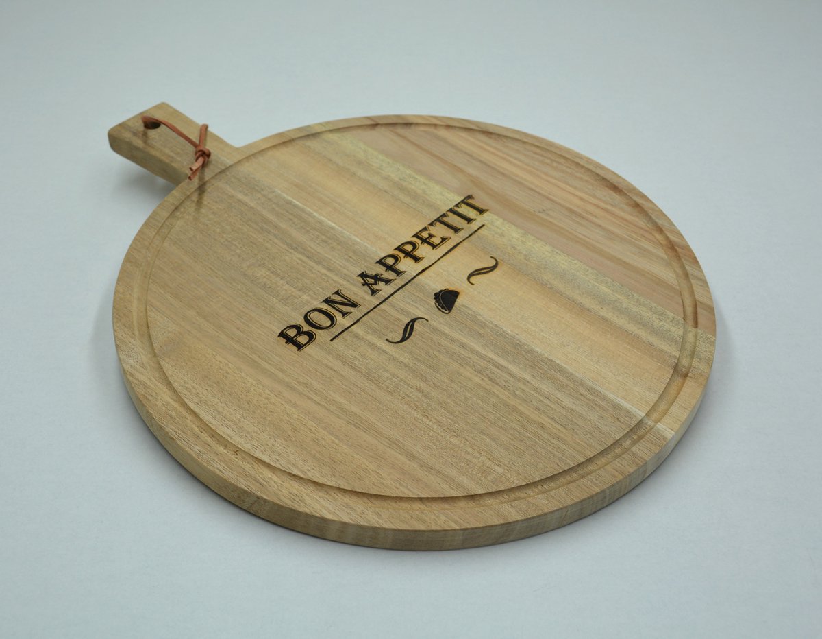 Serveerplank met tekst "Bon Appetit" Tapasplank - Borrelplank - Hout - Rond 30 cm