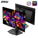 Zwarte MSI monitor met abstract, veelkleurig kunstwerk, gezien vanuit een schuine hoek.