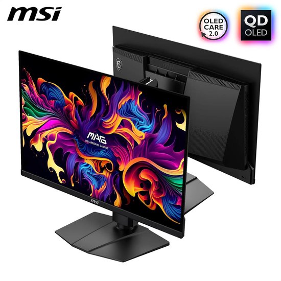 Zwarte MSI monitor met abstract, veelkleurig kunstwerk, gezien vanuit een schuine hoek.