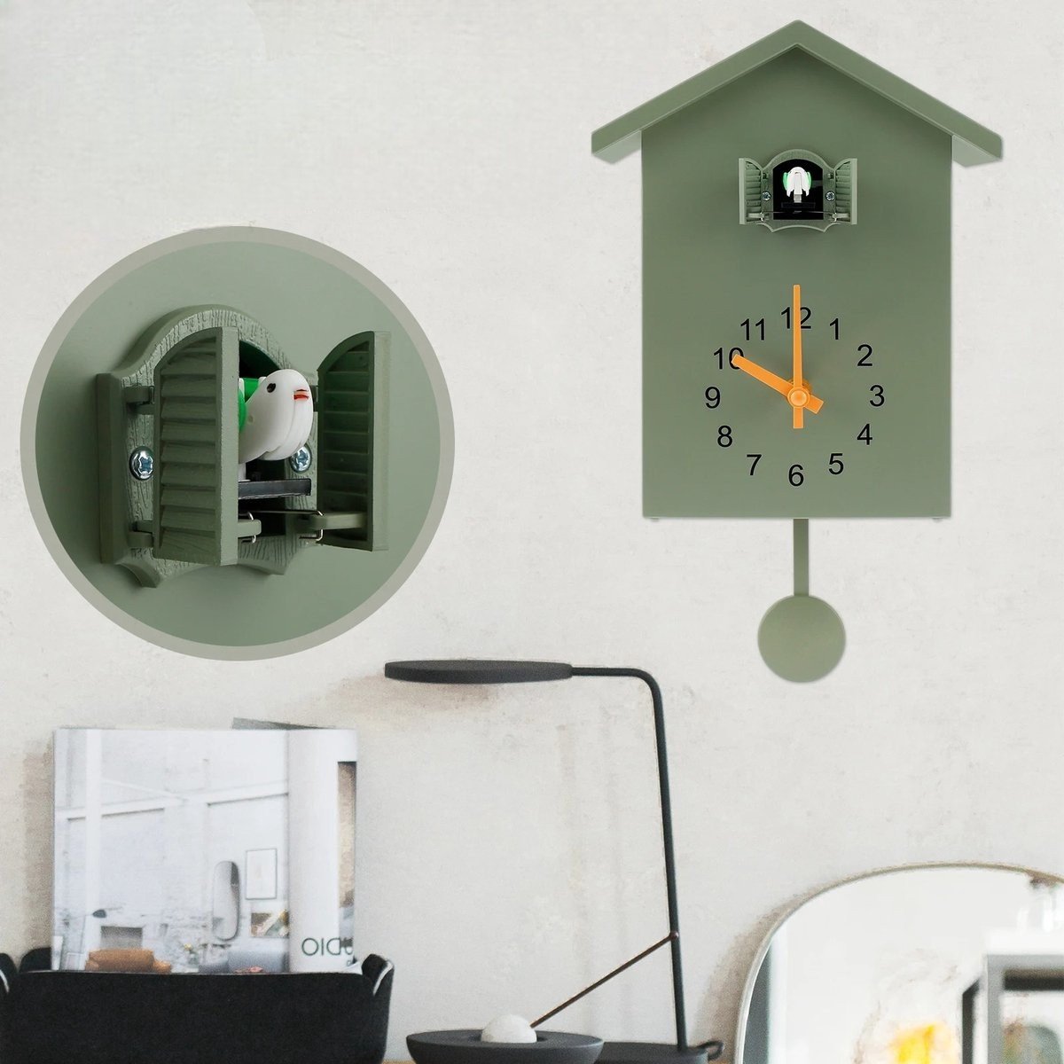 Wandklok Cuckoo army groen met geel - Gratis bezorgd - De Woon Winkel