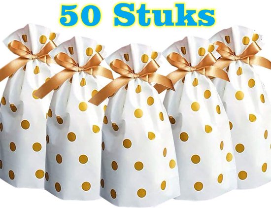 Vijf witte zakjes met gouden stippen en gouden strikken, '50 Stuks' in blauw erbij.