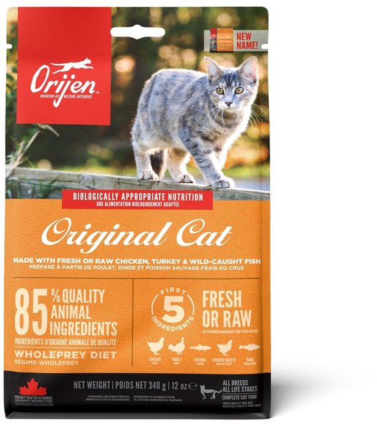 Orijen Original kattenvoer zak met een grijze kat op de voorkant.
