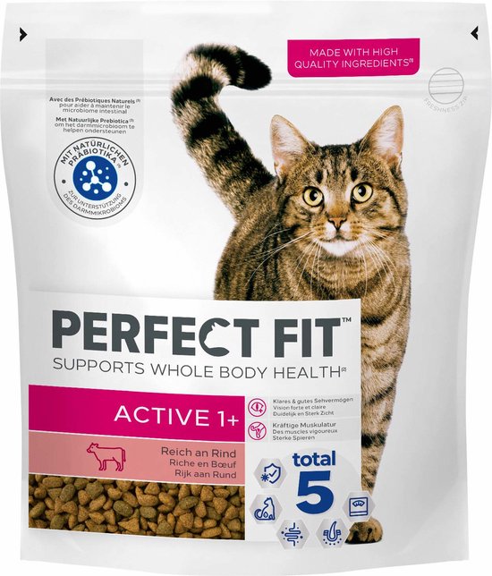 Perfect Fit Active kattenvoer met rund in een zak, met een kat op de voorkant. De tekst "ACTIVE 1+" en "Reich an Rind" is zichtbaar.
