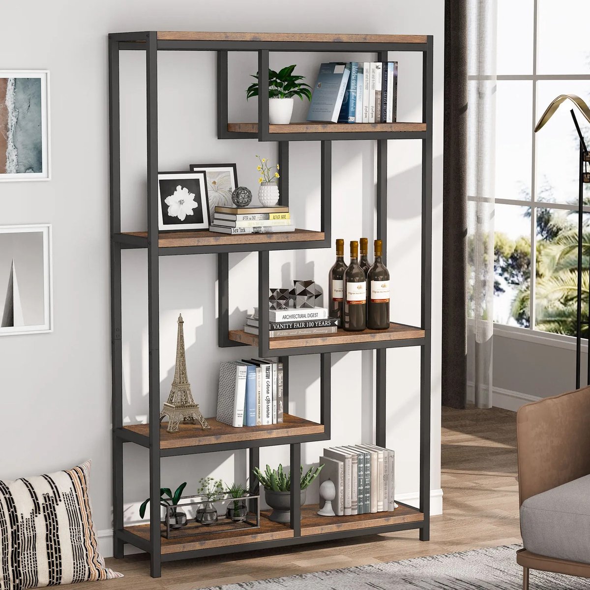 DHN Industriële Boekenkast - Woonkamer kast - 5 Tier Vrijstaande Planken - Boekenkast - Decorkast - Voor Woonkamer en huiskantoor