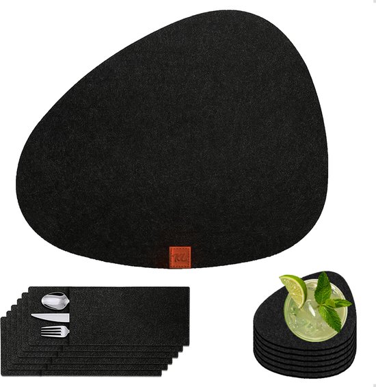 KitchenLove - Set de Napperons en Feutre - 6 pièces - Napperon antidérapant - Résistant à la chaleur - Rond - Anthracite