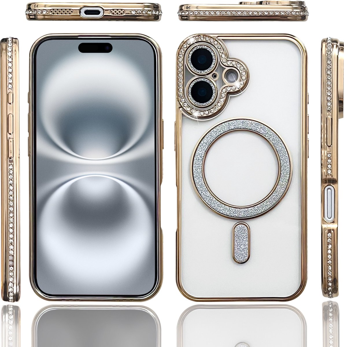 Hoesje Geschikt voor iPhone 16 Magsafe hoes Lens beschermer Goud – Luxe bling sprankelende diamant backcover
