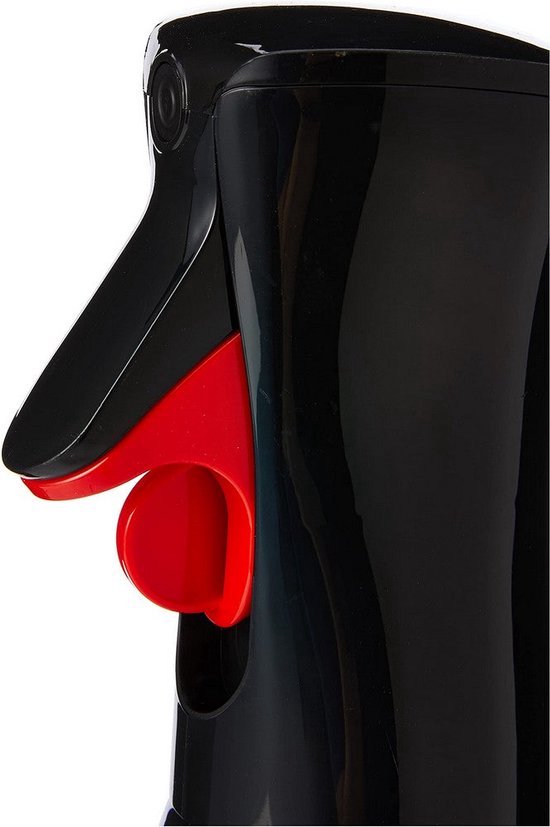 Detail van zwarte trigger met rode knop.