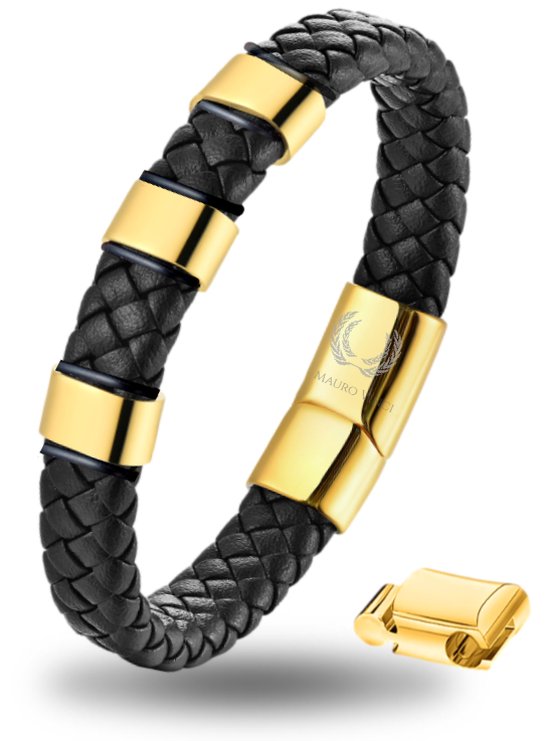 Bracelet Homme Zwart - Couleur Or avec fermoir aimanté - Ajustable de 19,5cm à 21cm - Bracelet maillons Mauro Vinci® Panor - Bracelet cuir avec emballage cadeau