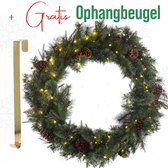 Meisterhome Kerstkrans van 90 cm - Met Gratis Ophangbeugel en 70 Warmwitte LED's - Timer - Dennenappels - kerstkrans met verlichting - kerstkransen - kerstversiering