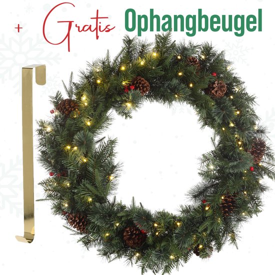Couronne de Noël MeisterHome de 90 cm - Avec support de suspension offert et 70 LED blanc chaud - Minuterie - Pommes de pin