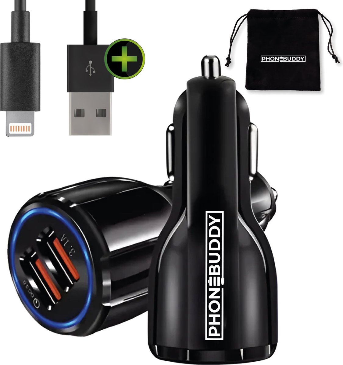 Phonebuddy 36W Snellader - Autolader - Auto oplader - telefoonlader - 2 USB Poorten - QC 3.1 12/24V - oplaad kabel - USB naar Lightning