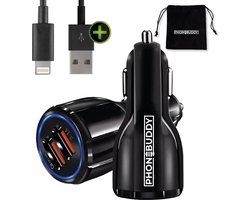 Phonebuddy 36W Snellader - Autolader - Auto oplader - telefoonlader - 2 USB Poorten - QC 3.1 12/24V - oplaad kabel - USB naar Lightning