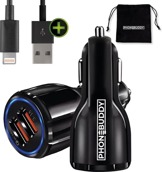 Phonebuddy 36W Snellader - Autolader - Auto oplader - telefoonlader - 2 USB Poorten - QC 3.1 12/24V - oplaad kabel - USB naar Lightning