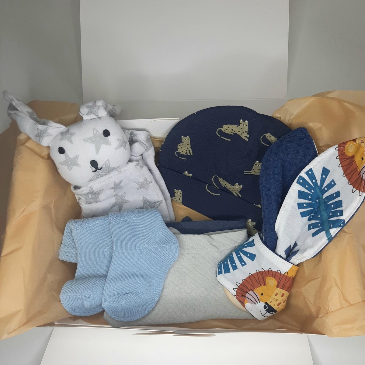Goedkoopste Kraamcadeau pakket - unisex - blauw - 6 delig - bijtring - leeuwtjes - Babyshower cadeau - Kraammand - Babycadeau