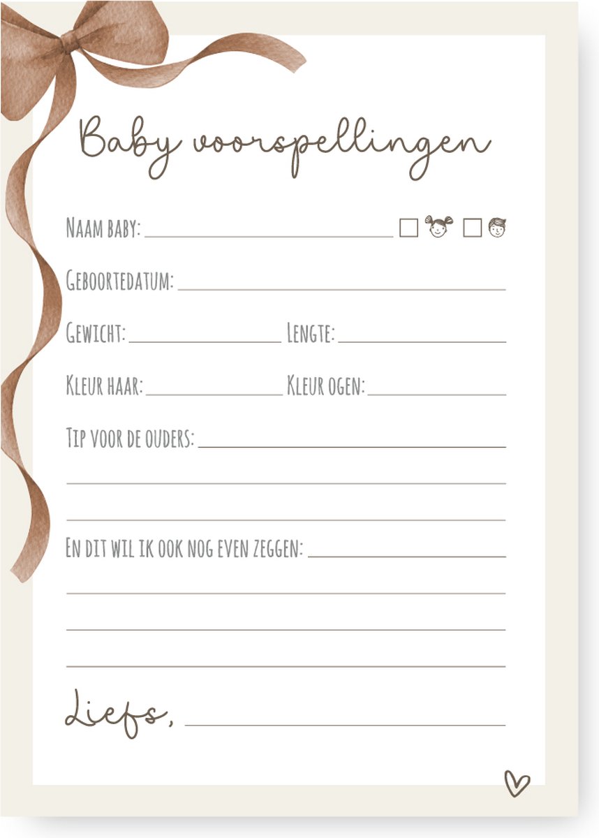 Unieke Ukkies Babyshower invulkaarten Bow - 25 stuks - A6 formaat
