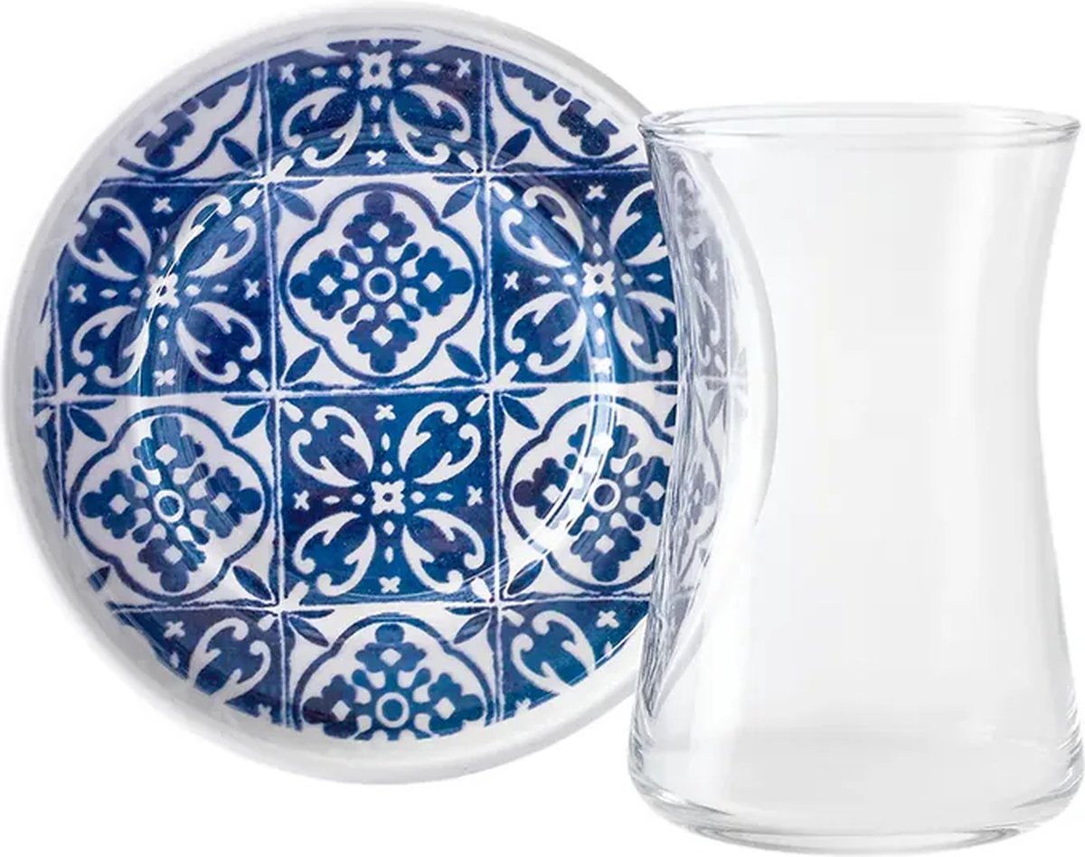 Karaca Mavili Blauw - Theeglazen set met Onderzetters - Set van 6 - Porselein - 170 ml