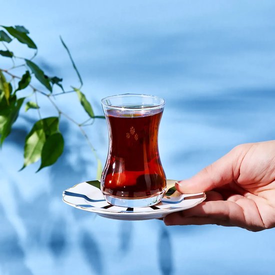 Karaca Face Teeset für 6 Personen, Teetassen, Untertassen, Glas/Porzellan, Türkische
