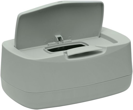 Lichtgrijze vochtig doekjesdispenser met open deksel, de dispenser is leeg.