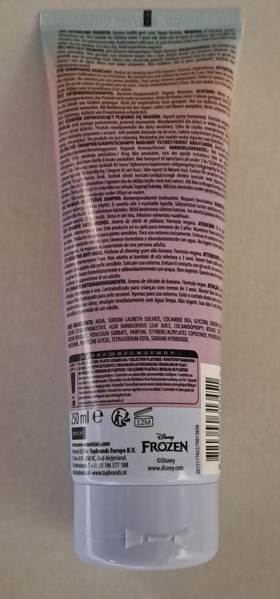 Achterkant van paarse tube met productinformatie voor Sence Frozen shampoo.