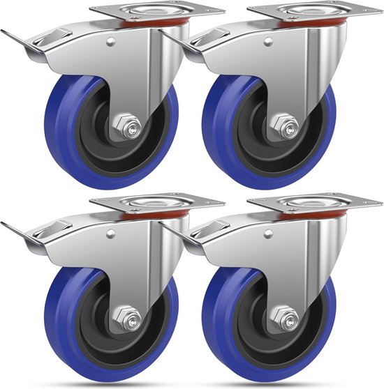 Set van 4 zware zwenkwielen M12 zwenkwiel met rem, rubberen zwenkwielen zonder geluid, voor meubels/trolley/rolstoel (3 inch/4 inch) (draaibaar 4 inch