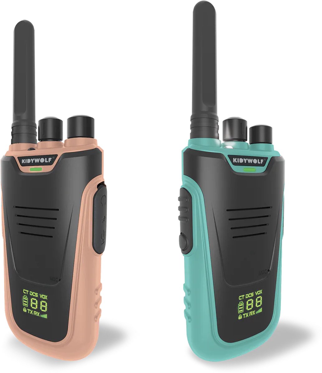 KIDYWOLF KIDYTALK Walkietalkies voor Kinderen - Set van 2 - Bereik tot 6 km - Oplaadbaar - Zaklamp & Verlicht Display - Vanaf 5 Jaar - Nude & Cyan
