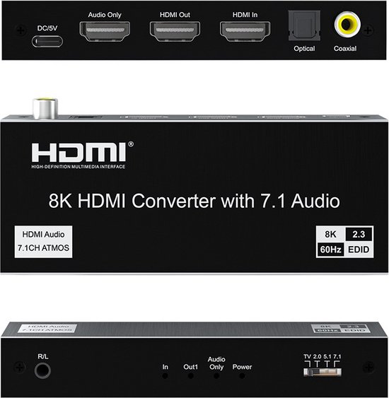 NÖRDIC HDMI Audio extractor - 8K60Hz - HDMI 2.1 - Geschikt voor Playstation 5, Xbox Series X/S, Blu Ray Spelers & TV
