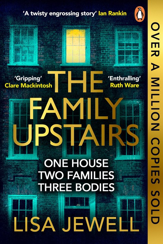 Couverture du livre 'The Family Upstairs' avec une maison et des fenêtres. Le titre et les critiques sont sur le devant. Plus d'un million d'exemplaires vendus.