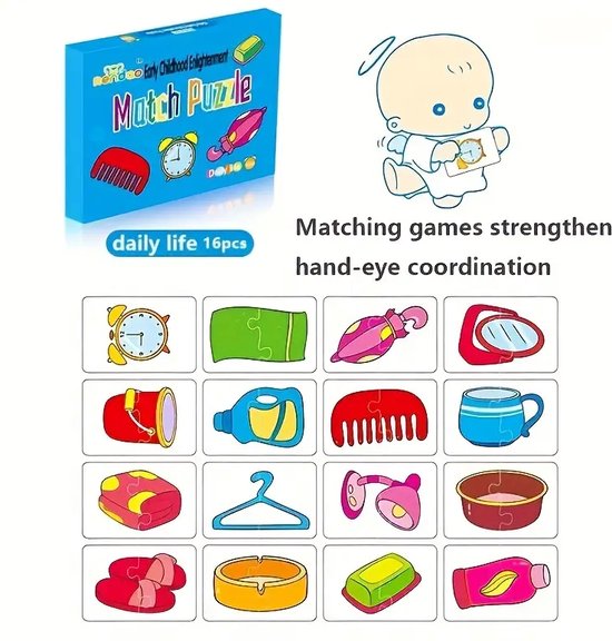 4-in-1 Educatieve Puzzelset voor Kinderen - Dagelijkse Voorwerpen, Voertuigen, Groenten, Fruit en Dieren - 64-delige Match Puzzel - Ontwikkeling van Hand-oog Coördinatie en Cognitieve Vaardigheden - Geschikt voor Kinderen van 0-3 Jaar van $ — afbeelding 2