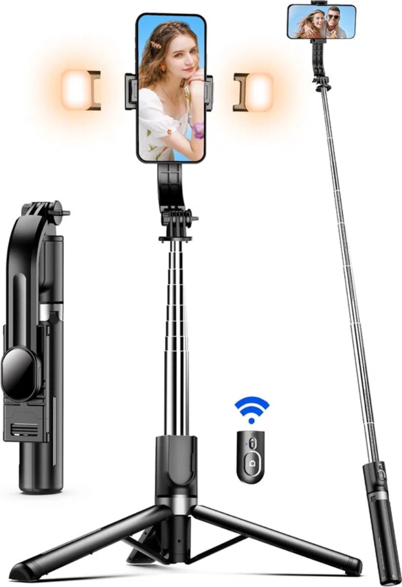 Selfie Stick met Tripod - Afneembare Afstandsbediening - 8-delige Telescopische Steel - 225° Rotatie Hoek - Lichtgewicht (220 g) - Geen App Vereist
