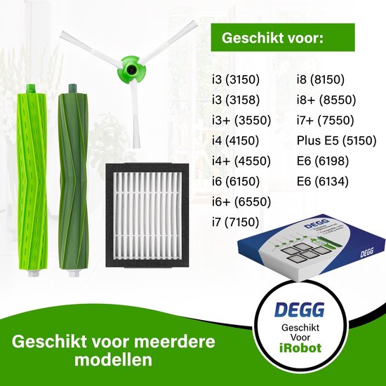 Een set met 2 groene rollen, 1 filter en 3 witte zijborstels, geschikt voor meerdere iRobot modellen.