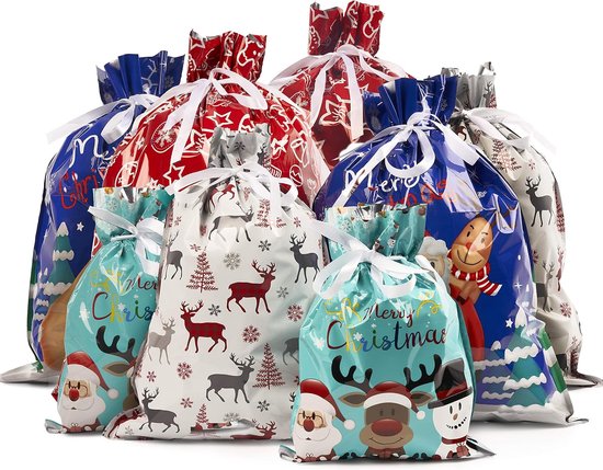 THE TWIDDLERS 30 sacs cadeaux de Noël avec cordon de serrage – Emballage cadeau, sacs de Noël en 4 tailles (Klein, Medium, Groot, Extra Groot) – Feuille d'aluminium robuste