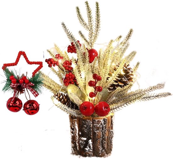Premium Mini Kerstboom set ( met een ster Kerstboomhanger )-met wooden bottom- kunstKerstboom voor tafel- Kleine Kerstboom - Tafelkerstboom - Kunstzinnig versierd - voor Kerstdecoratie - 35CM