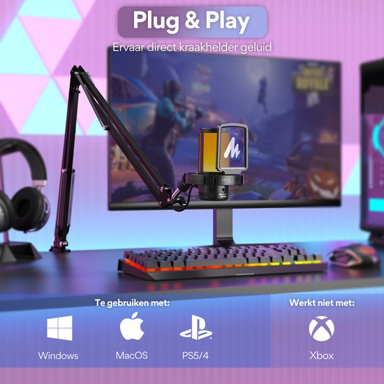 Maono DGM20S - Microphone de Gaming USB avec bras - Convient pour PC, Mac et Playstation - RVB - Zwart