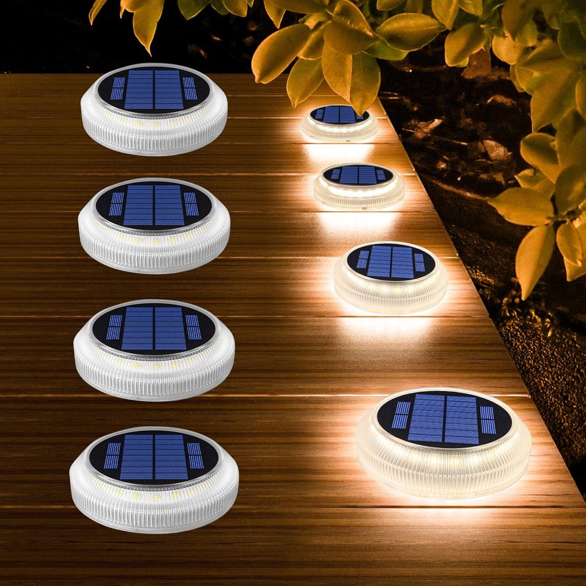 Set van 4 zonnelampen voor terras, IP68 waterdicht, voor de tuin, voor wandelbruggen, voor trappen, warm wit