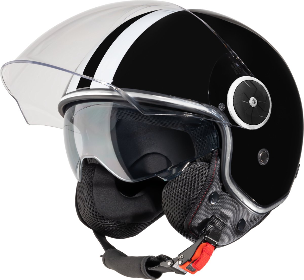 VINZ Arenas Jethelm met Zonnevizier en Strepen | Scooterhelm Retro & Motorhelm Retro & Brommerhelm & Snorfiets Helm | ECE 22.06 goedgekeurd | Lichtgewicht 1200 gram | Voor Heren & Dames | Inclusief Opbergzak | Zwart - S