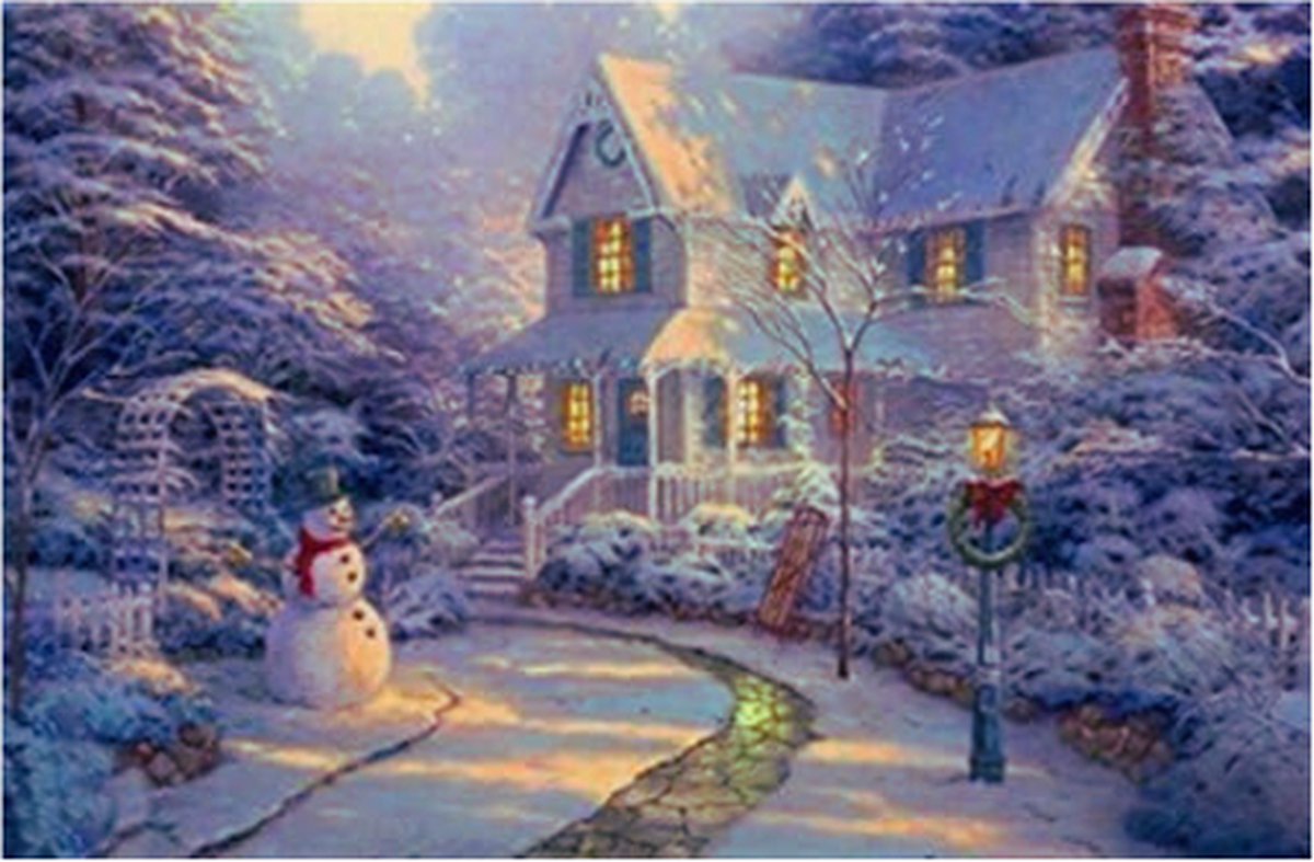 Grote Feestelijke Sneeuwpop - Winter - Kerst - Sneeuw - Scene - Licht Op LED Canvas/Foto
