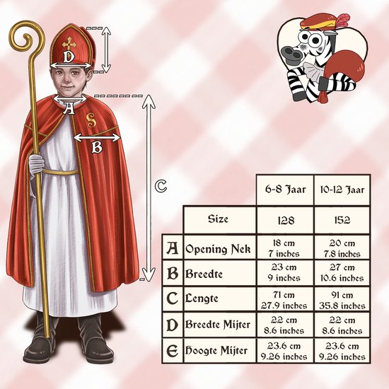 Maattabel voor een Sinterklaas-kostuum met illustratie van de cape en mijter.