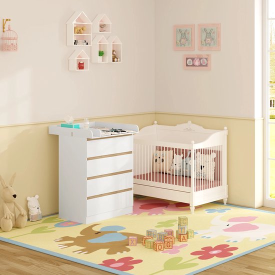 Shefa Kids Witte Fietstour Verschoontafel 800 - Babyverschoontafel met 4 lades - Moderne commode voor de kinderkamer - Ruimtebesparend en veilig - België