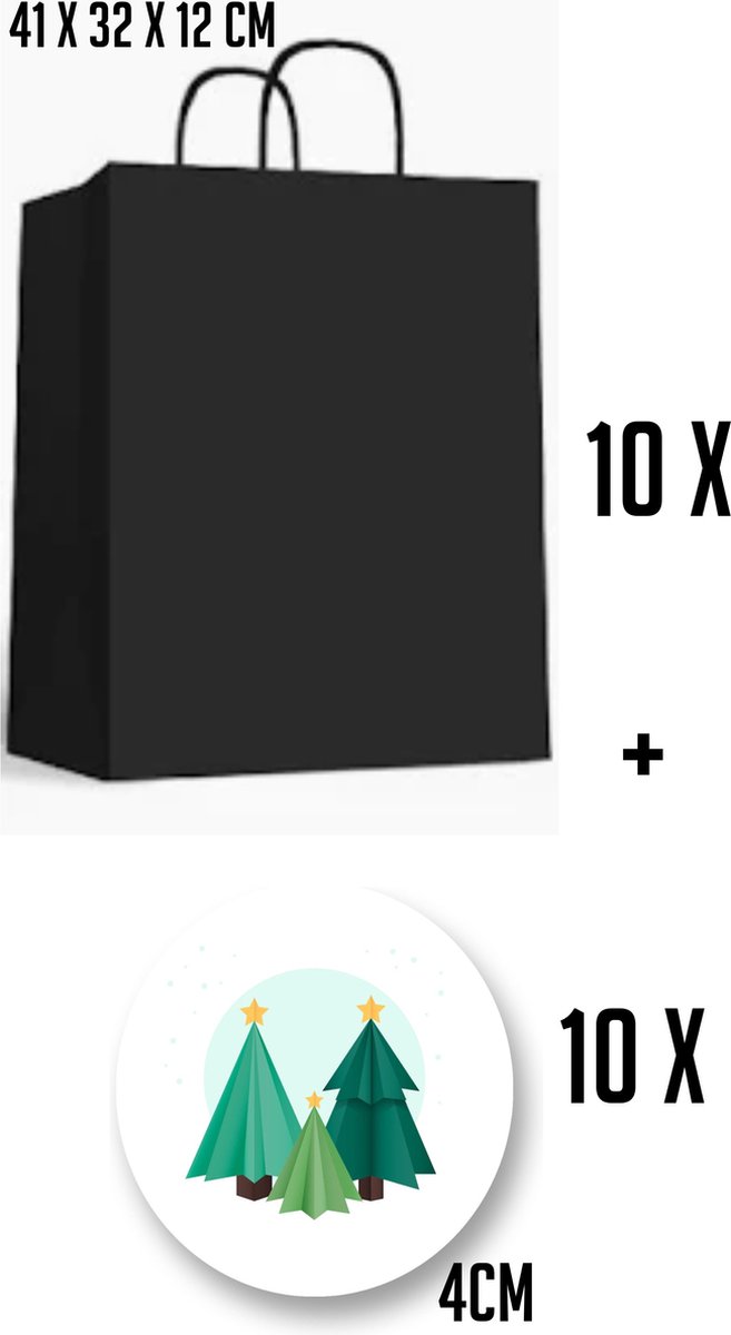 10x Geschenktassen Zwart - 10x Sluitstickers - Kerstboom - 41+31x12cm - 40mm - 10 stuks - Cadeautasje - Tassen - Geschenk - Verpakkingen - Geschenktasjes - Zwart - Uitdelen - Trakteren - Luxe inpakken - Uitdeeltraktatie - Cadeautasje