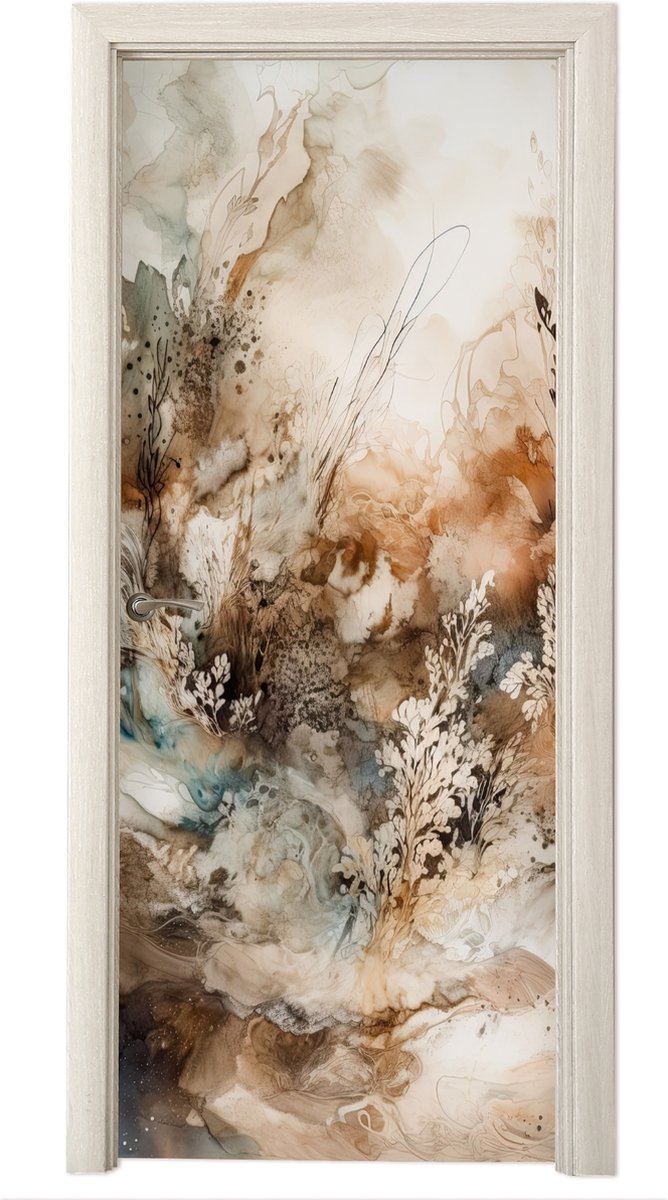 Deurposter 95x215 cm - Deursticker Abstract - Beige - Verf - Kunst - Natuur - Bloemen - Me