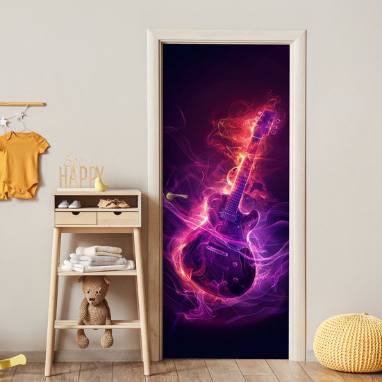 Deurposter 80x205 cm - Deursticker Gitaar - Muziek - Rook - Paars - Meubelfolie zelfklevend - Deurfolie tienerkamer - Interieurfolie kinderkamer - Deur plakfolie - Deurbehang sticker - Kamer decoratie tieners