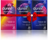 Durex - 30 stuks Condooms - Pleasure Me 10 stuks met ribbels - Orgasm Intense Stimulerende Gel 10 stuks - Performa 10 stuks vertragende effect - Voordeelverpakking - Valentijn cadeau voor hem en haar