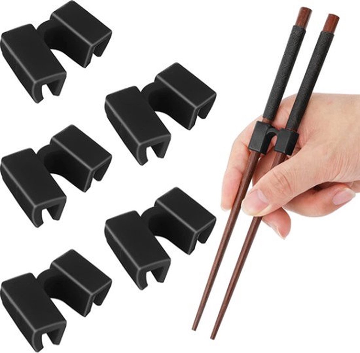 Knaak Eetstokjes Houder - Set van 5 - Kunststof - Herbruikbaar - Zwart - Hulpstuk voor Beginners