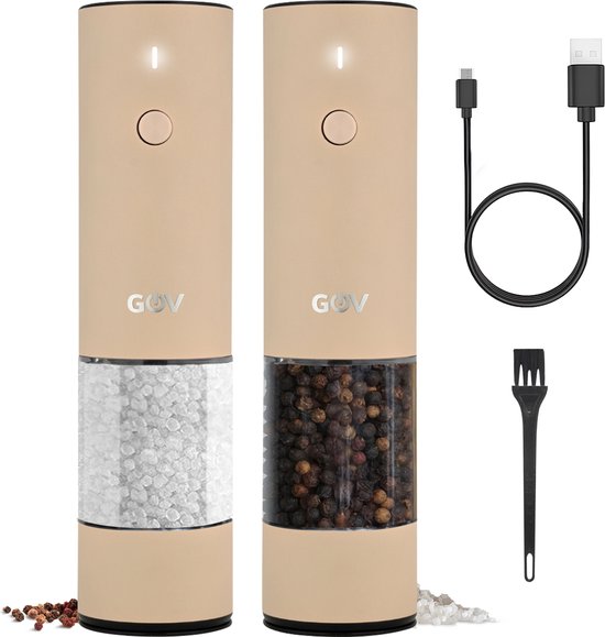GOV® Peper- en Zoutstel Elektrisch - Beige - RVS Regular XL- Oplaadbaar - Pepermolen - Cadeau - Set- Roestvrijstaal - Keramische Maler - Verlichting - Zoutmolen