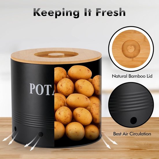 YESLUSY Aardappelhouder voor de keuken, set met 3 containers voor aardappelen, uien en knoflook met bamboedeksel en ventilatiegaten, ruimtebesparend, retro design (zwart